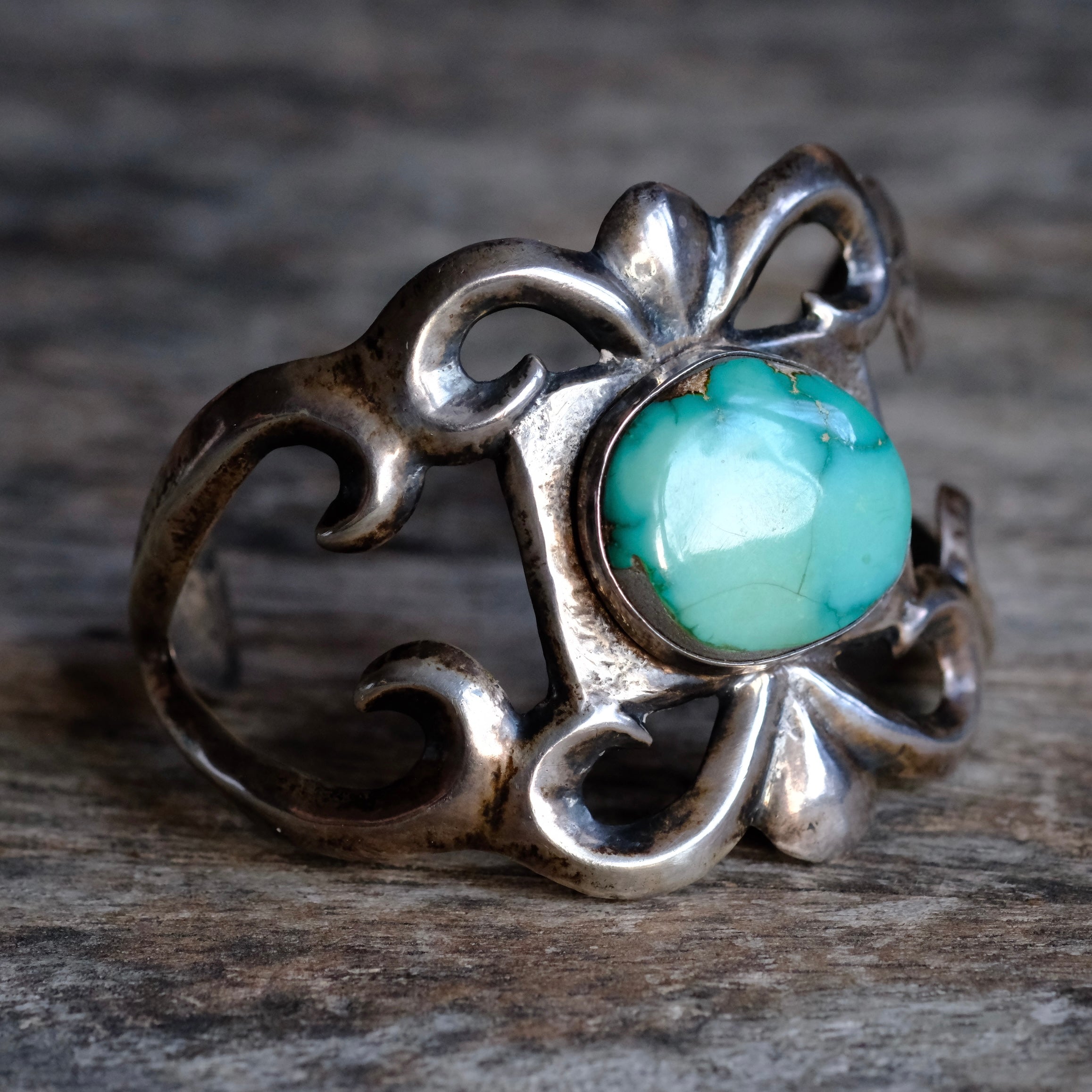 HEAVY Vintage Sterling Cerrillos Turquoise Sandcast Cuff