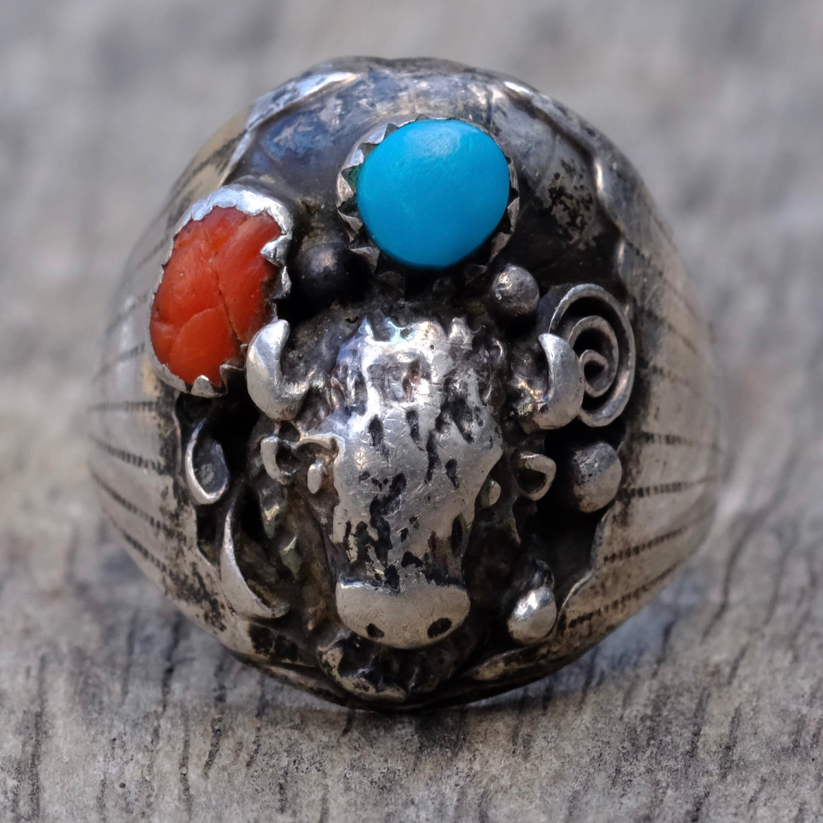 Vintage Sterling Turquoise and Coral Buffalo Ring 10.5