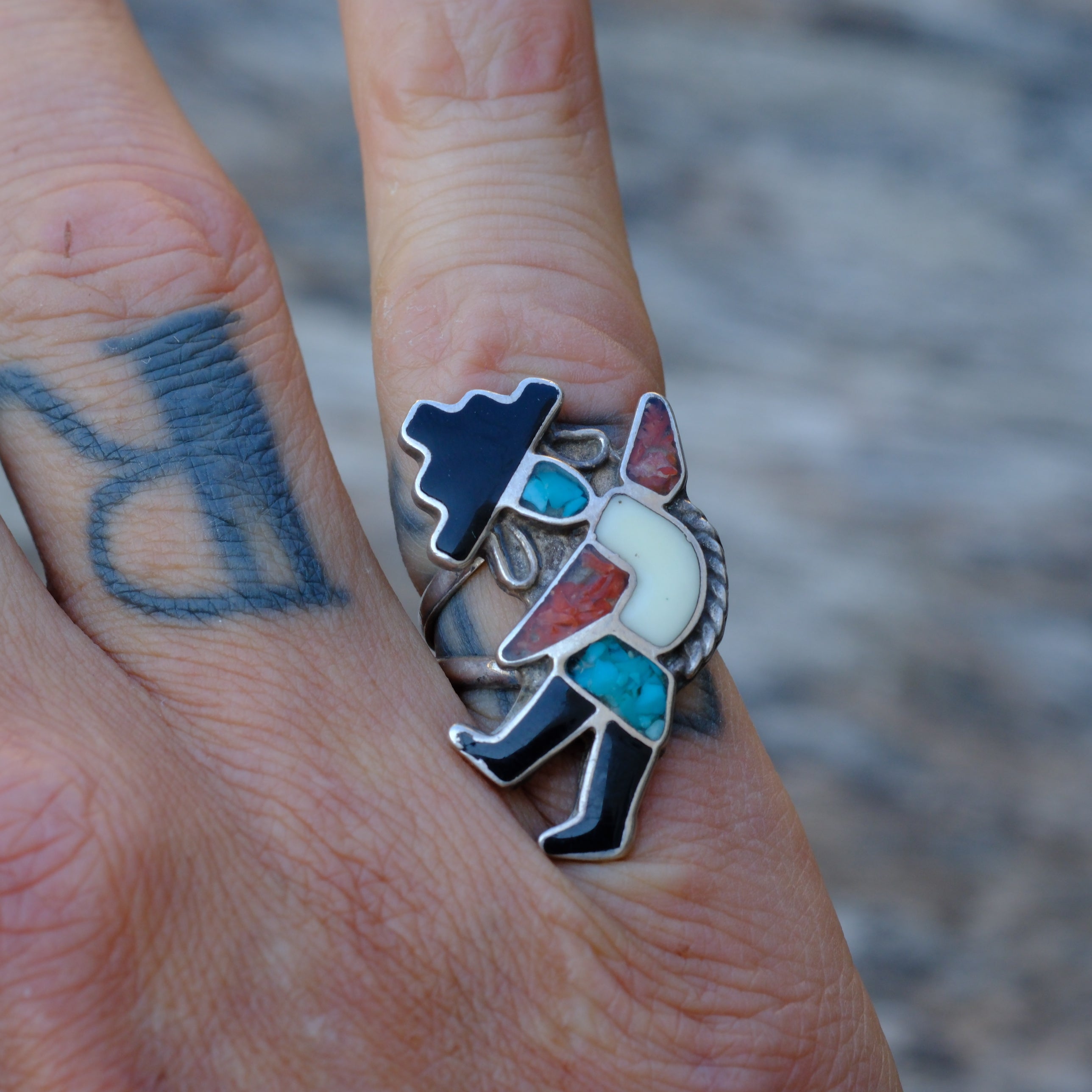 Vintage Sterling Multi Stone Inlay Dancer Ring 5.5