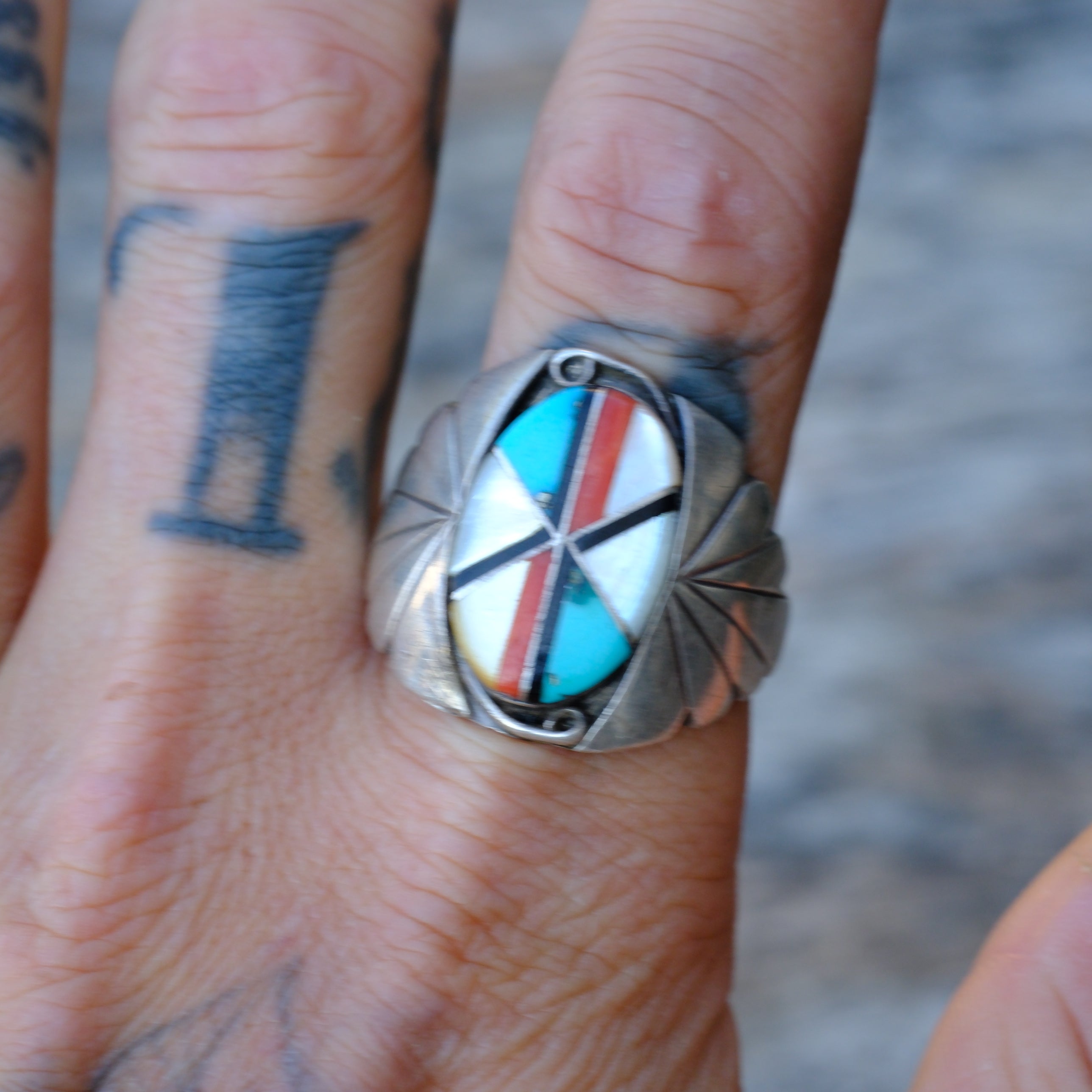 Vintage Sterling Zuni Inlay Ring 11.75