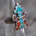 Vintage Sterling Crushed Turquoise and Coral Inlay Kachina Ring 5