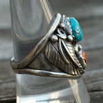 Vintage Sterling Turquoise and Coral Feather Ring 10.5