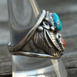 Vintage Sterling Turquoise and Coral Feather Ring 10.5