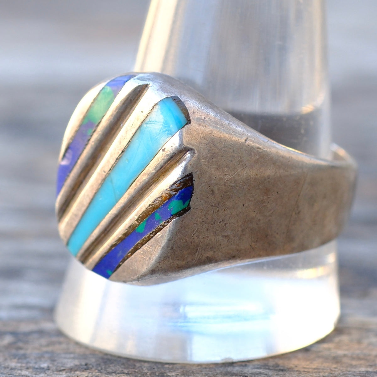 Vintage Sterling Azurite and Turquoise Inlay Ring 12.75