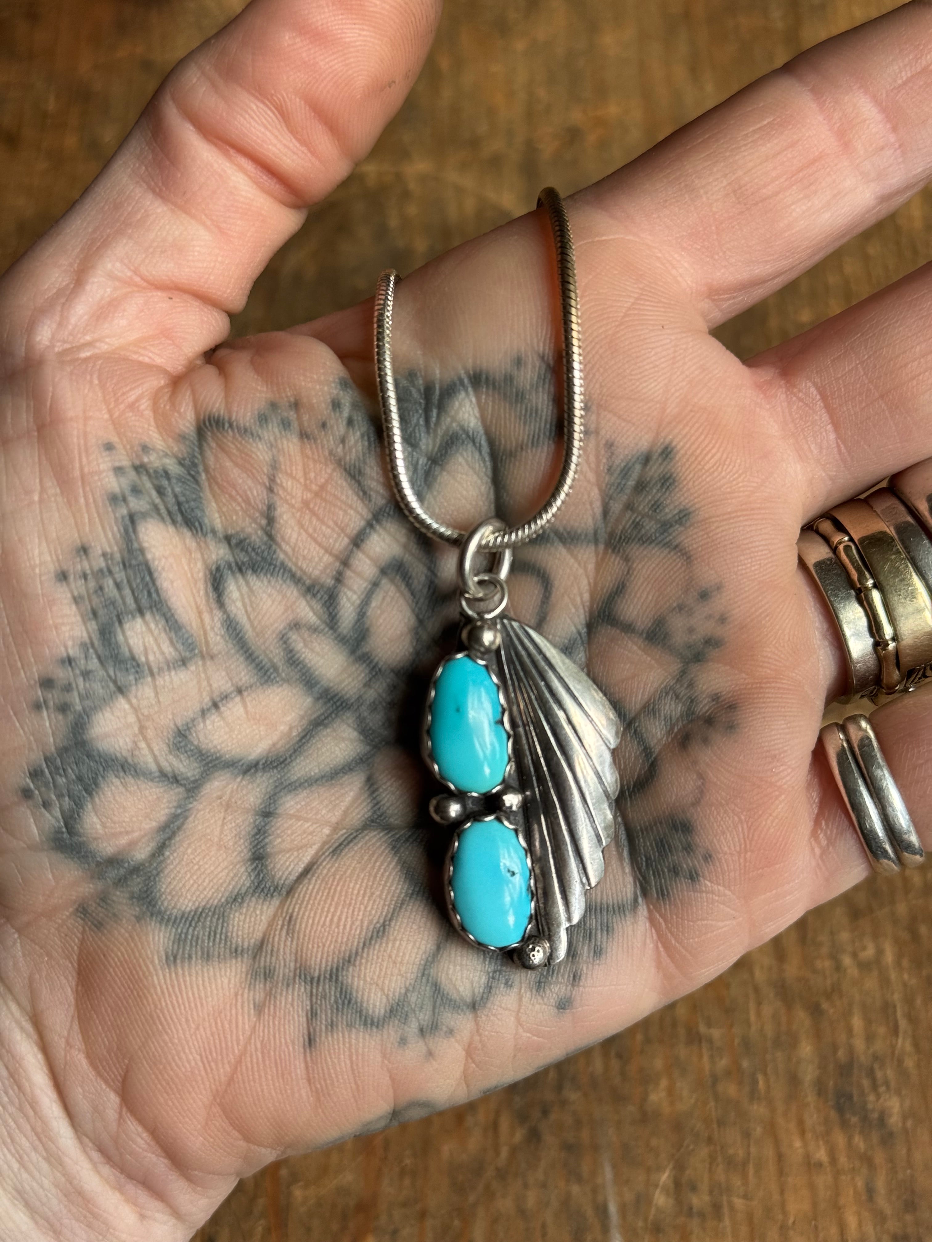Vintage Sterling Silver Double Turquoise Fan 18" Necklace