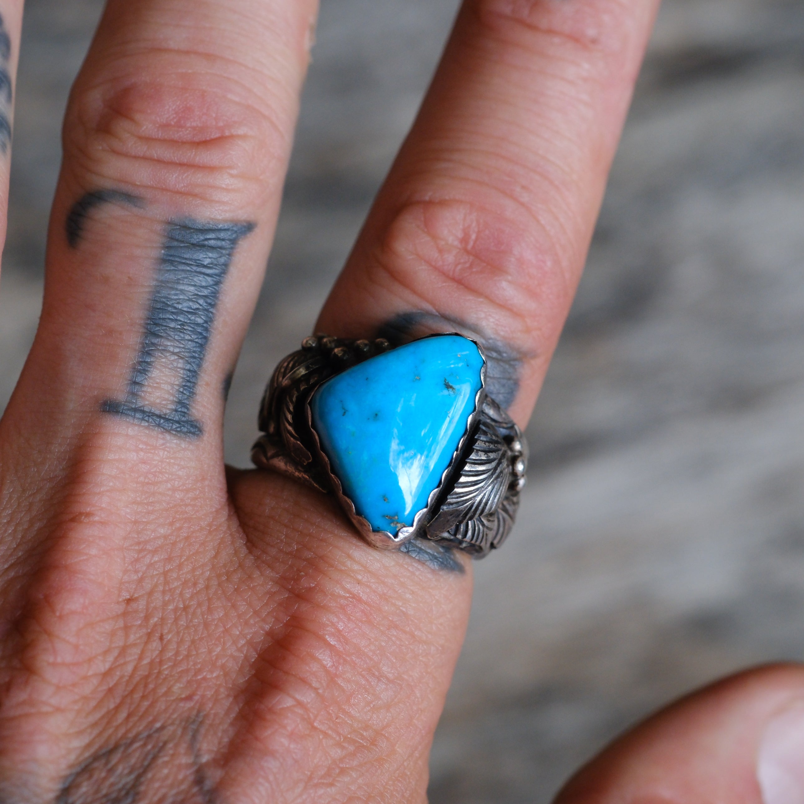 Vintage Sterling Turquoise Feather Ring 10.25