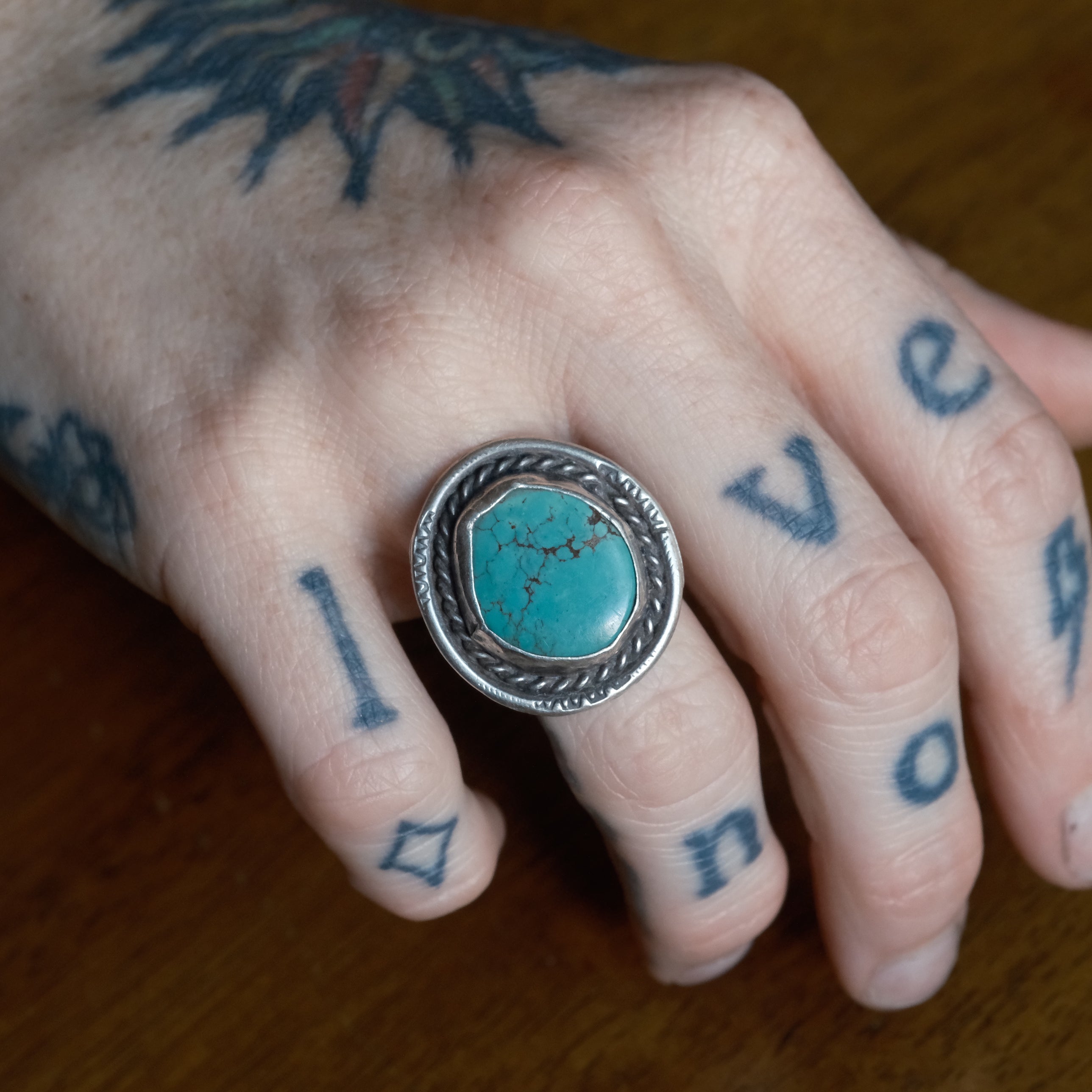 Vintage Sterling Turquoise Roper Ring 5