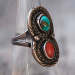 Vintage Sterling Turquoise and Coral Roper Ring 7