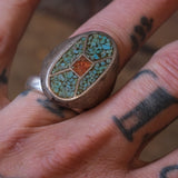 Vintage Sterling Crushed Turquoise and Coral Inlay Ring 8.25