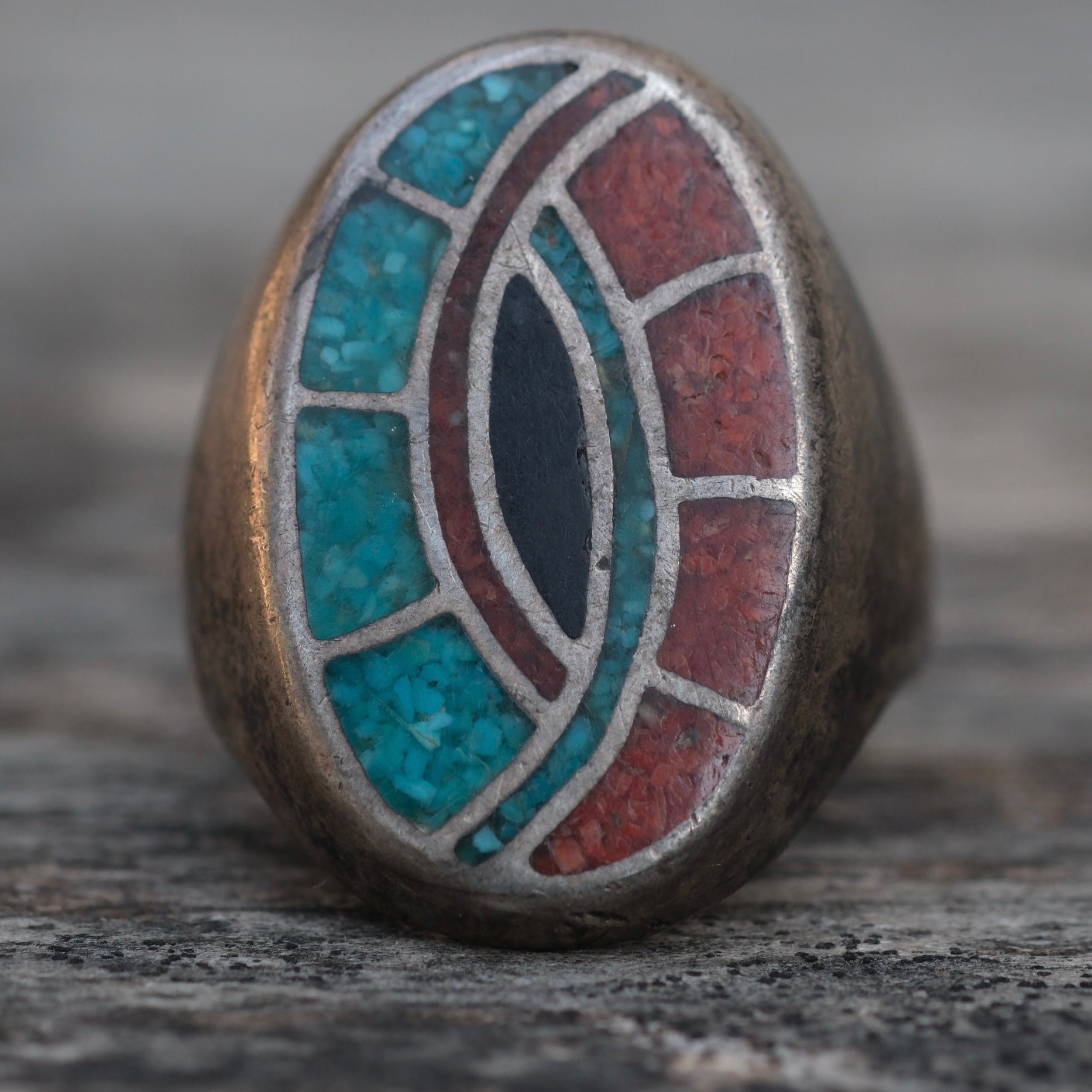 Vintage Sterling Turquoise and Coral Inlay Hummingbird Ring 11.5