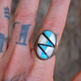 Vintage Sterling Turquoise Onyx and MOP Inlay Ring 10.75