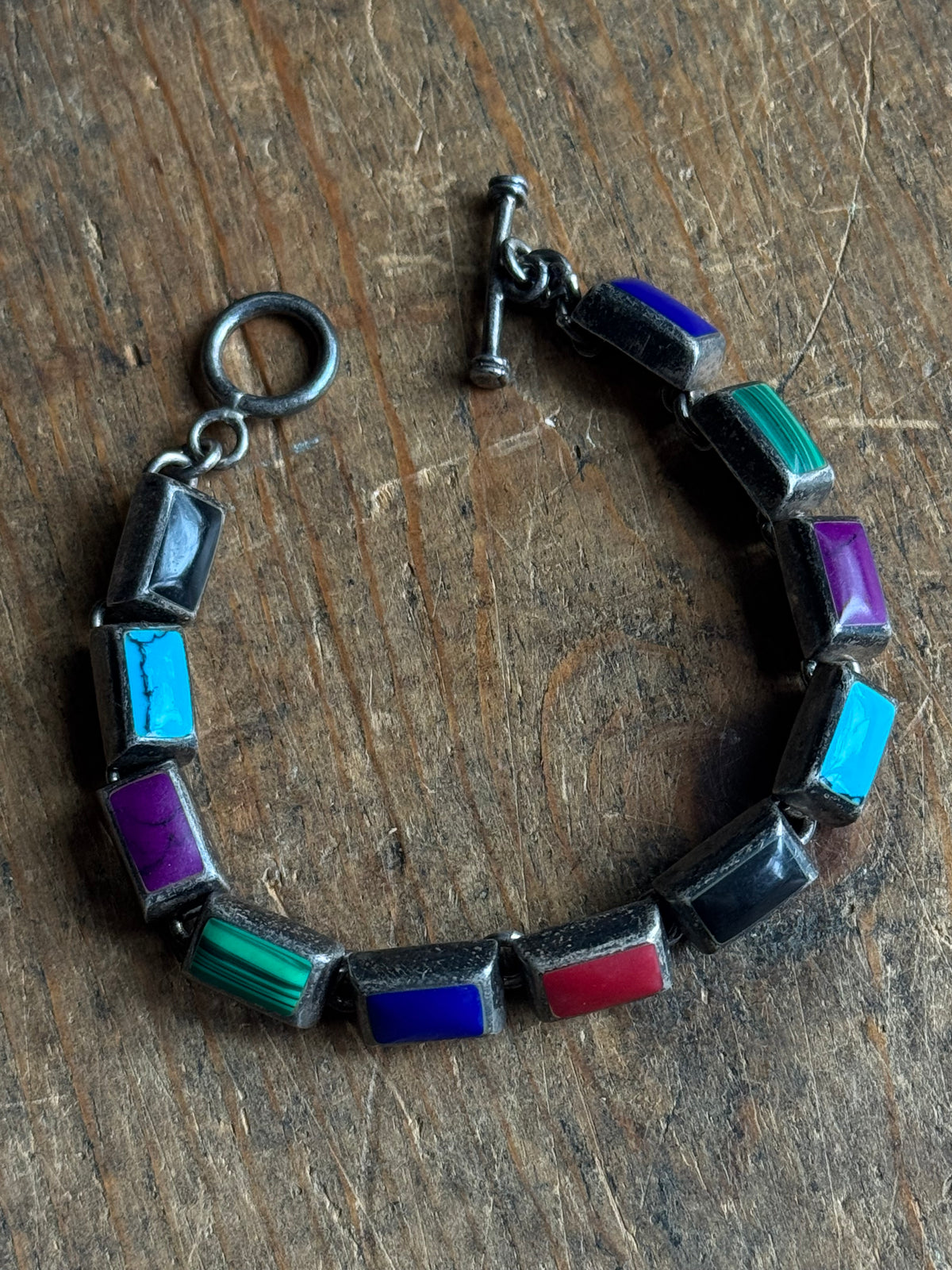 Vintage Sterling Silver Multistone Inlay Square Toggle Bracelet