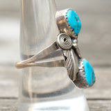 Vintage Sterling 2-Stone Turquoise Feather Ring 9.5