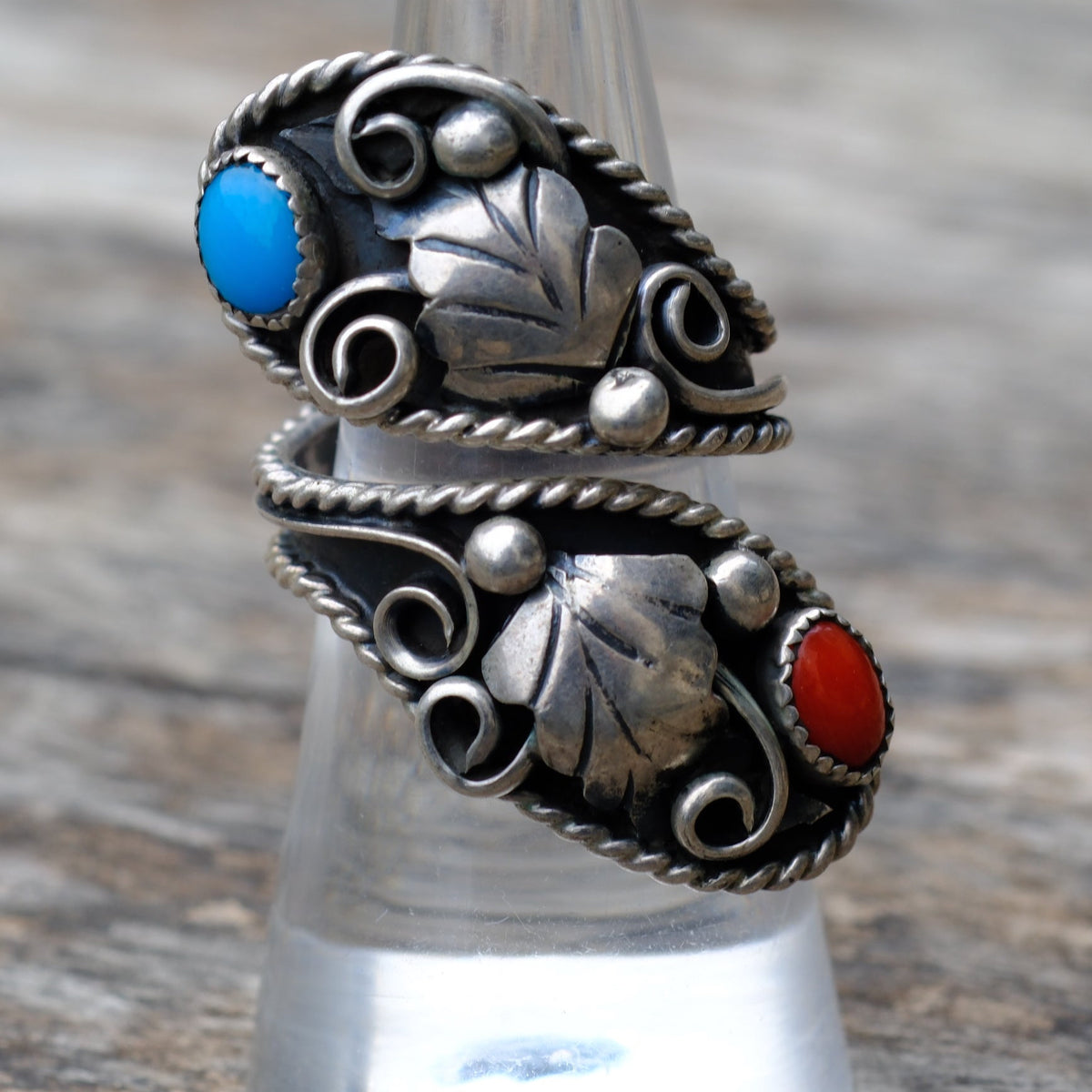Vintage Sterling Turquoise and Coral Overpass Ring 6.5