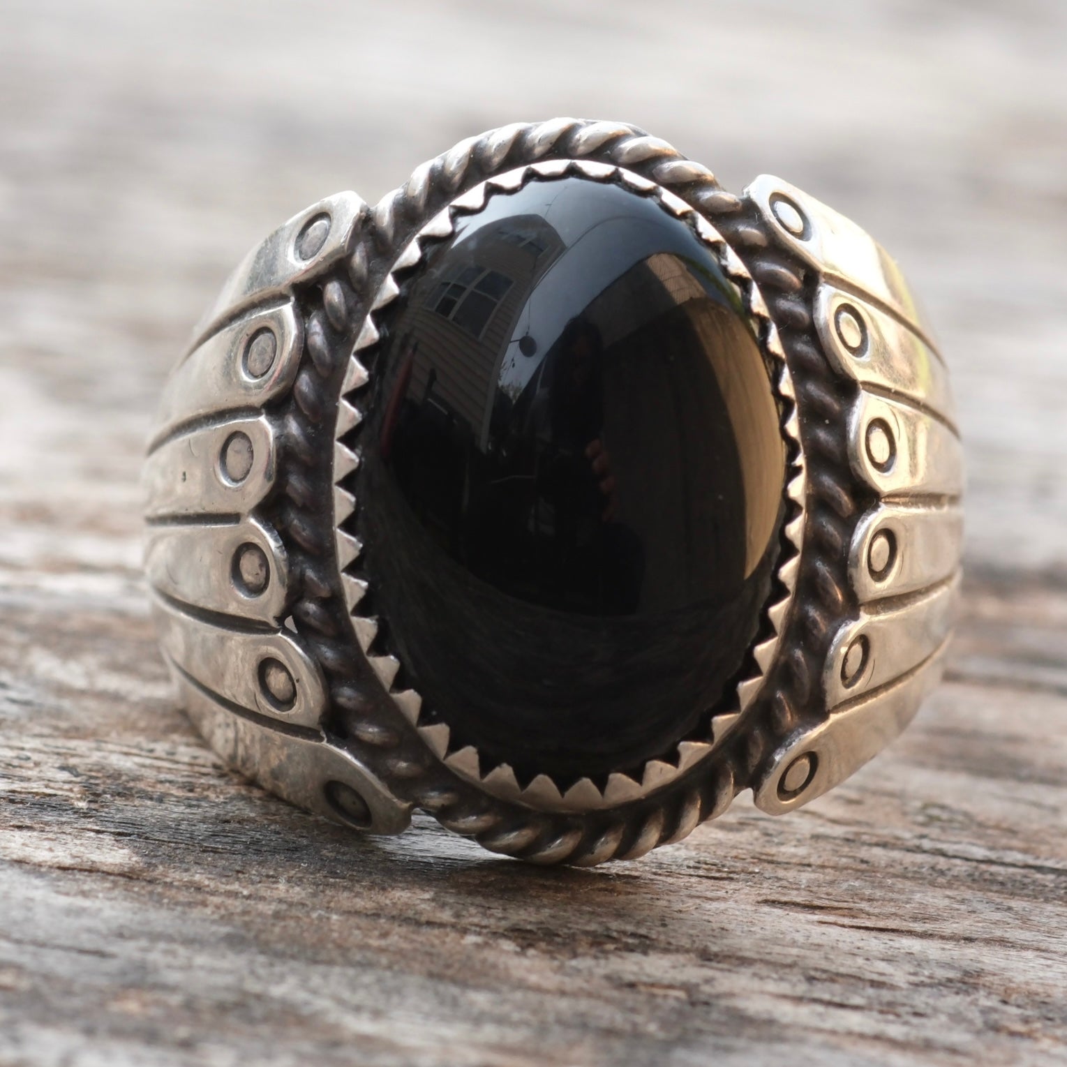 Vintage Sterling Onyx Ribbed Band Ring 10.75