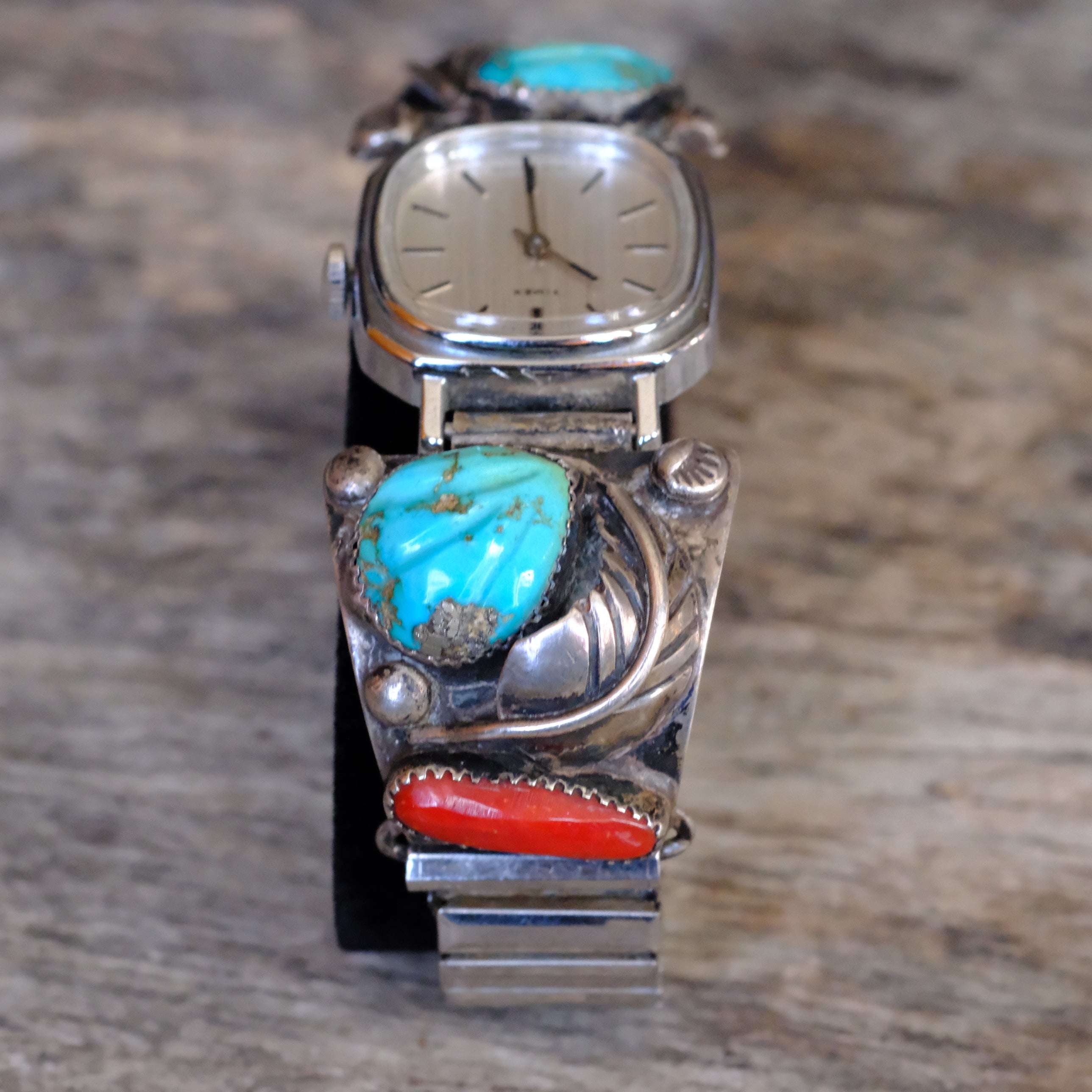 Vintage Sterling Faceted Turquoise and Coral Feather Watch