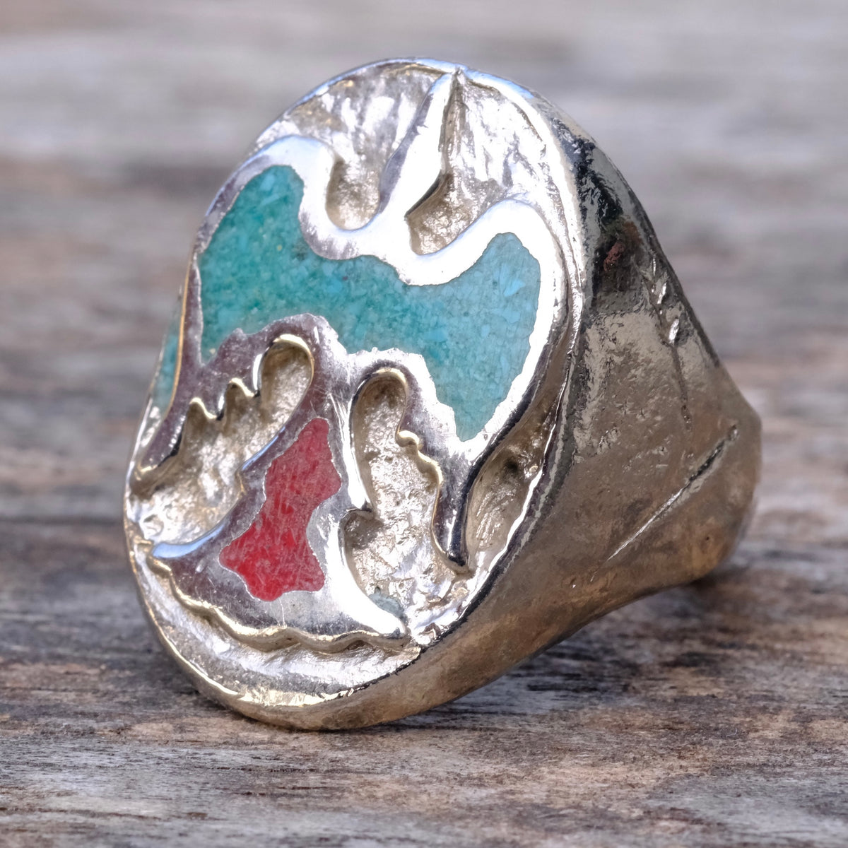 Vintage Sterling Turquoise and Coral Thunderbird Ring 9.25