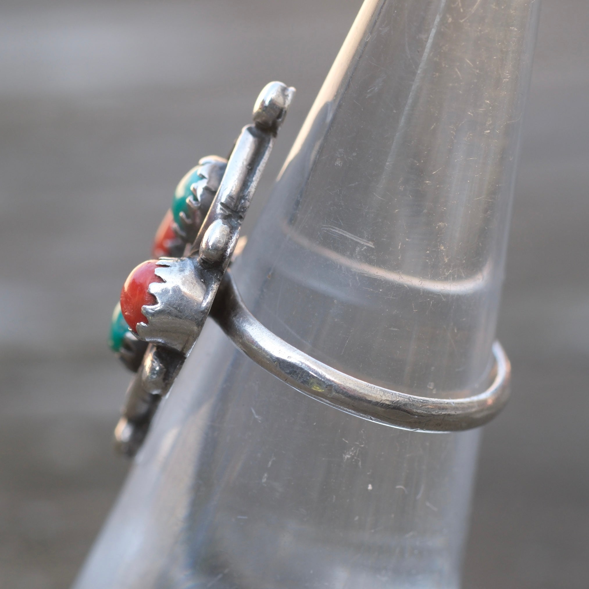 Vintage Sterling Turquoise and Coral Cluster Ring 5.25