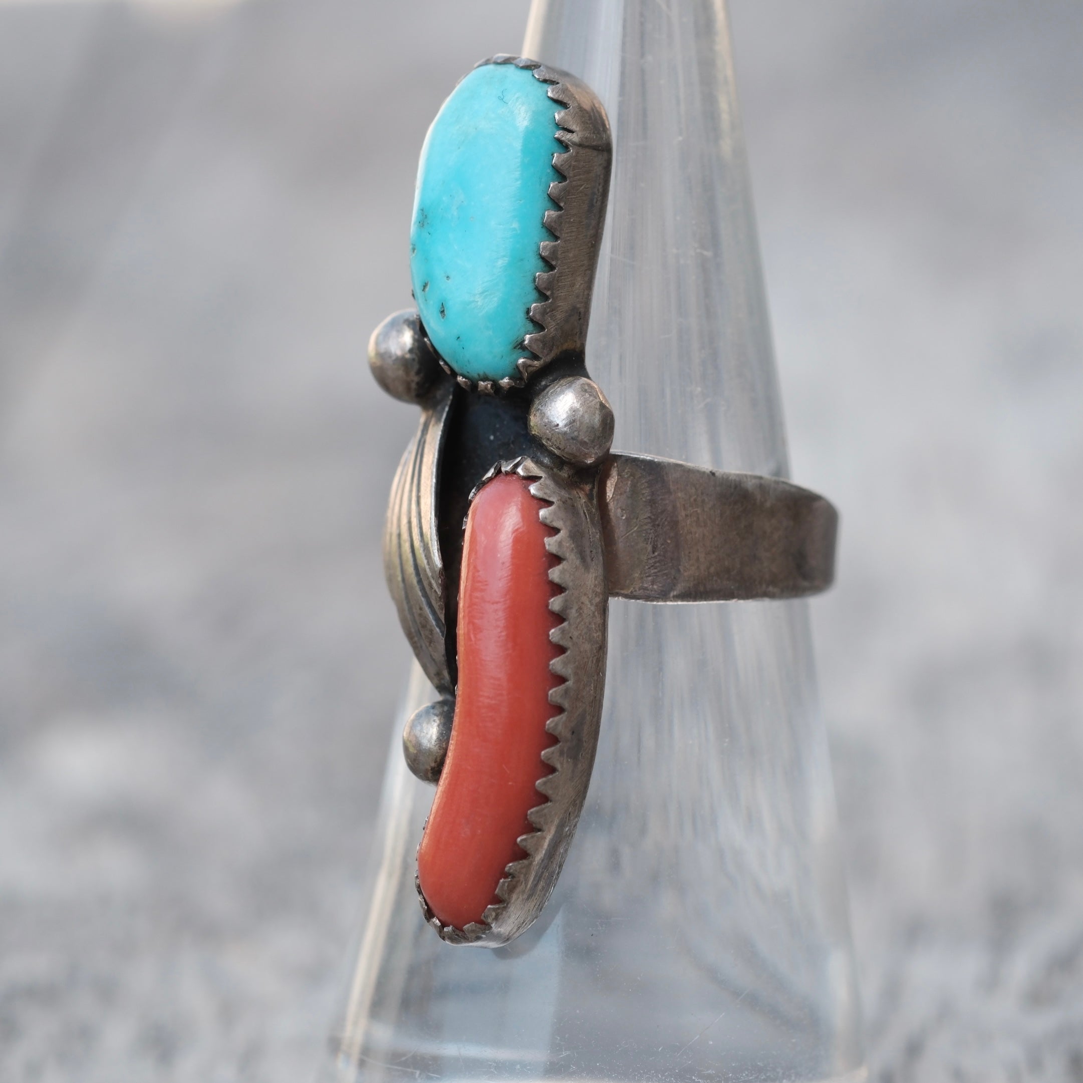 Vintage Sterling Turquoise and Coral Feather Ring 6