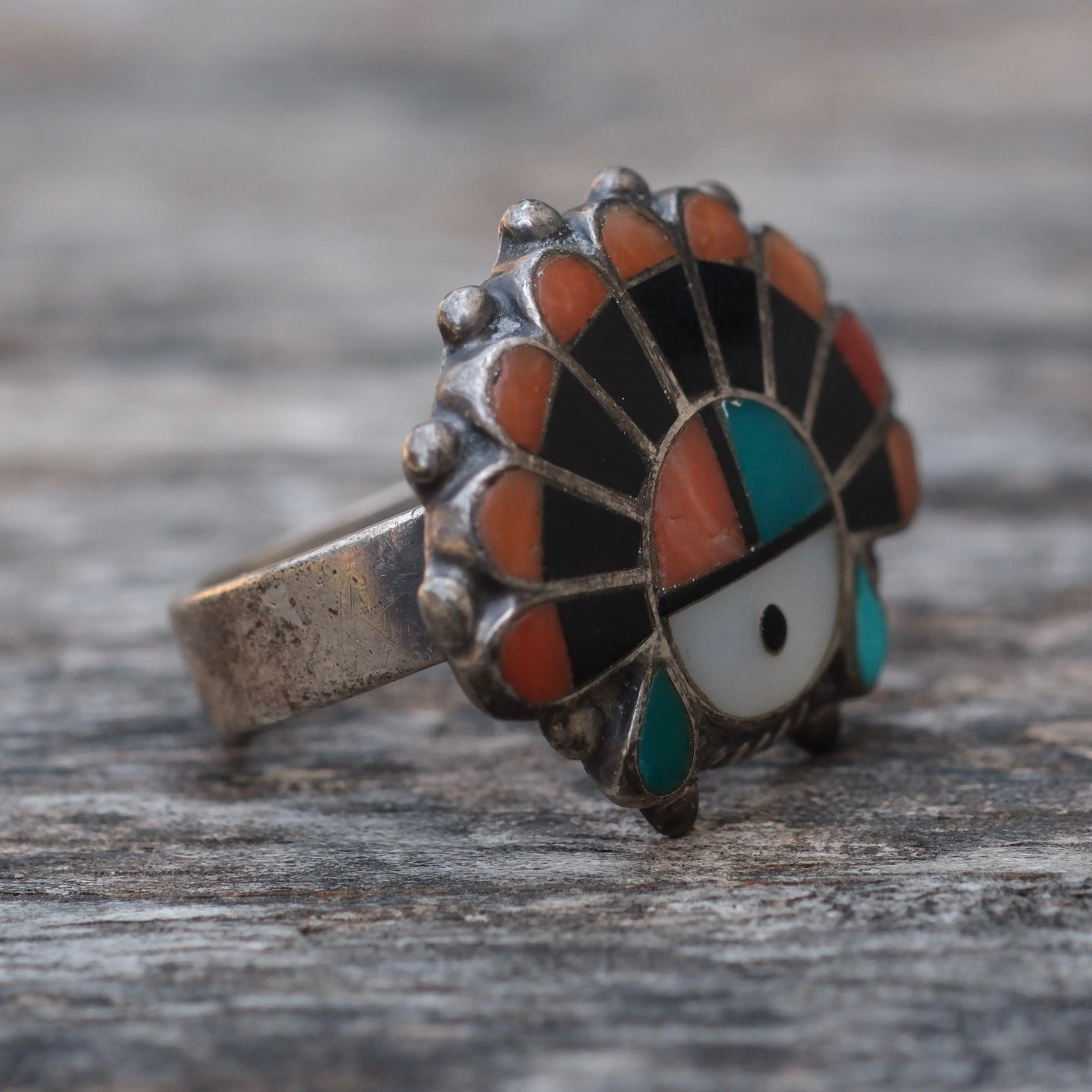 Older Vintage Sterling Multistone Inlay Headdress Ring 3.75