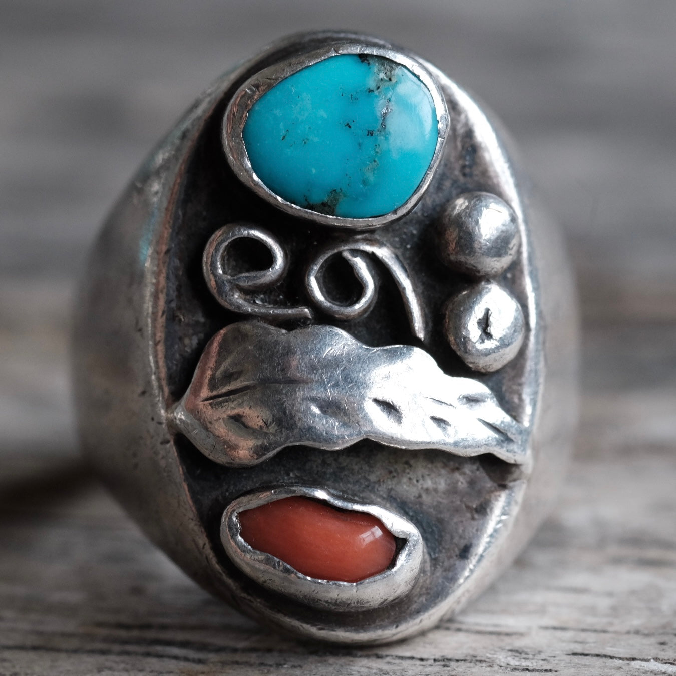 Vintage Sterling Turquoise and Coral Feather Ring 9