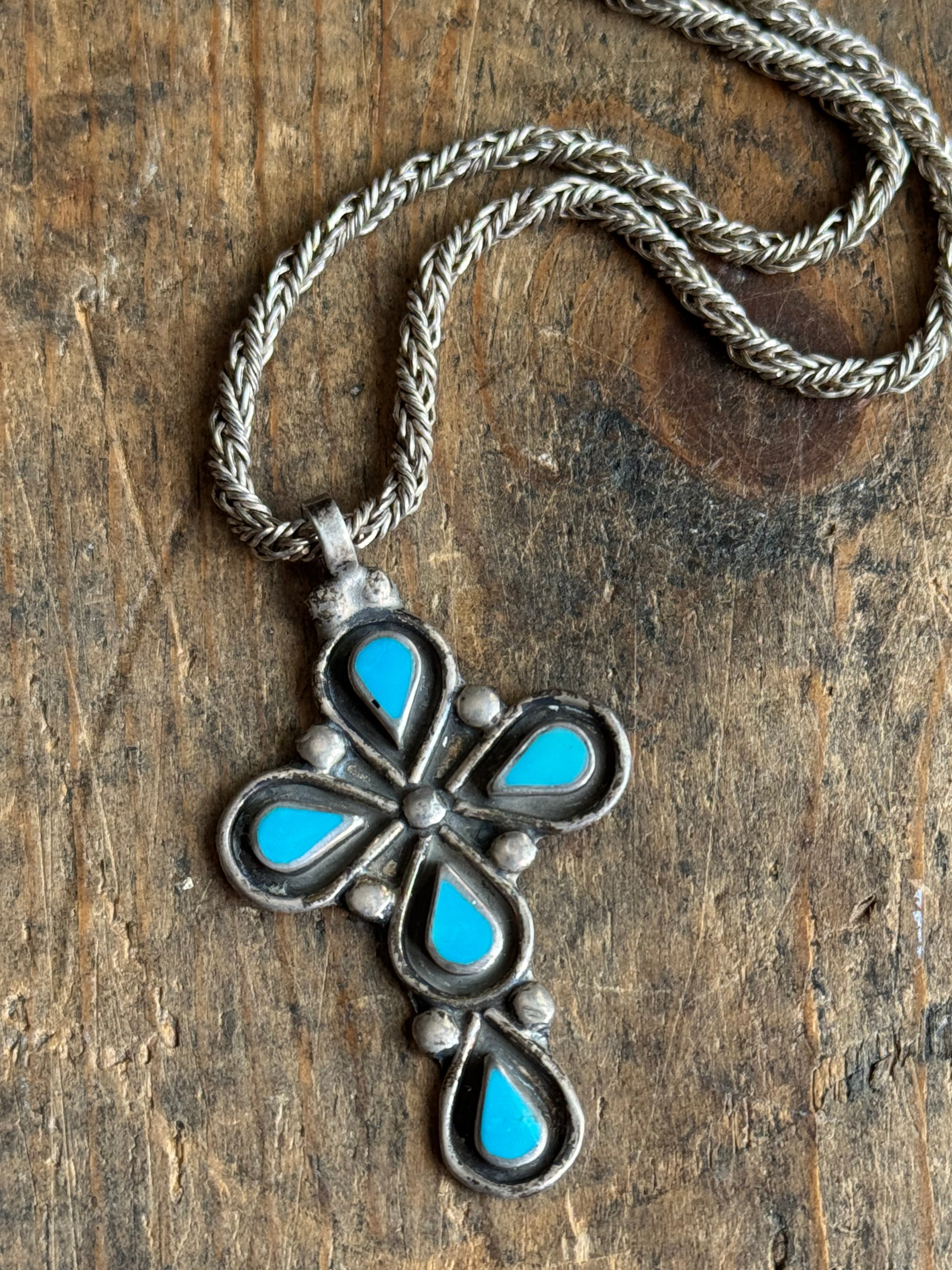 Vintage Sterling Silver Teardrop Turquoise Cross Necklace
