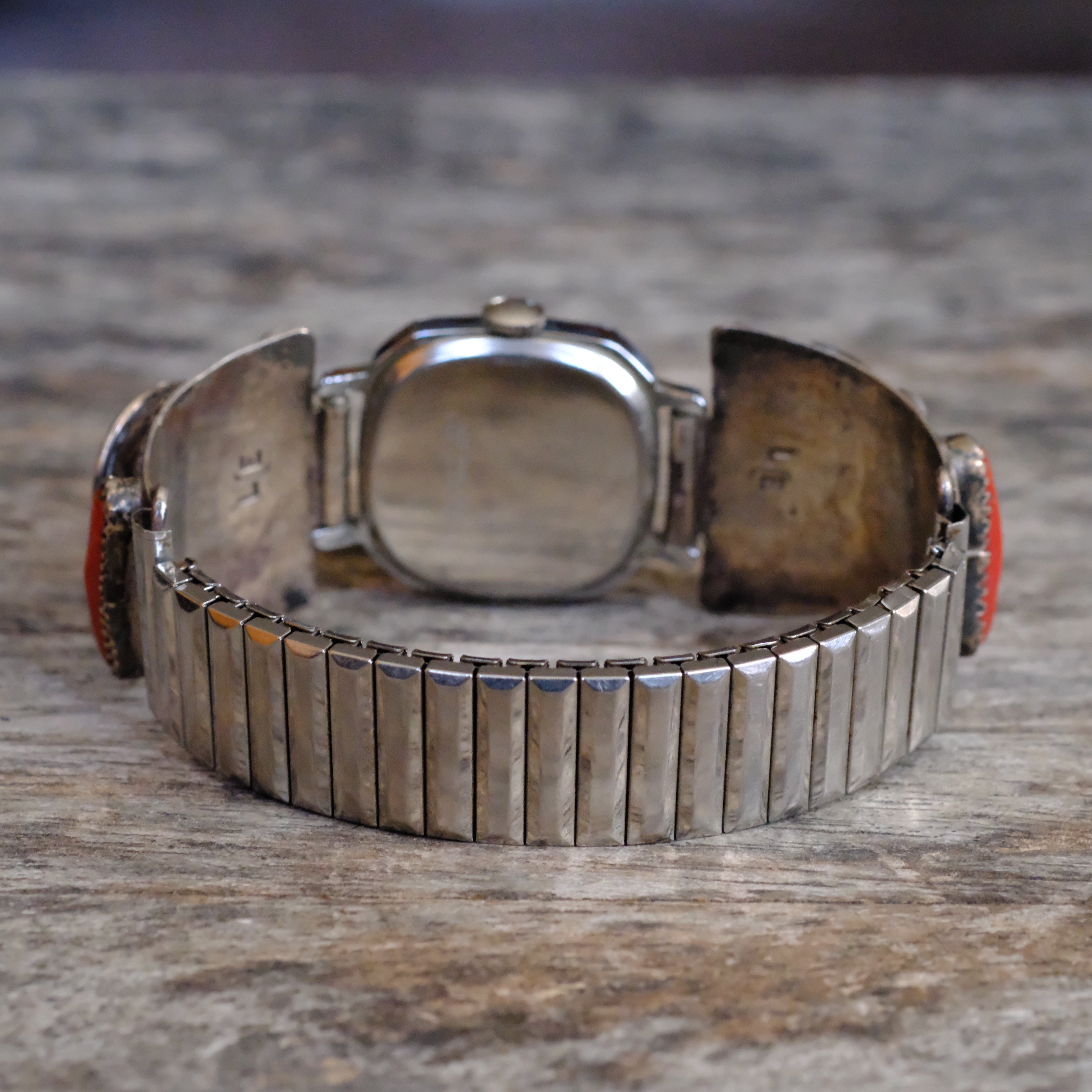 Vintage Sterling Faceted Turquoise and Coral Feather Watch