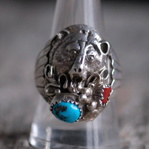 Vintage Sterling Turquoise and Coral Bear Ring 10.5
