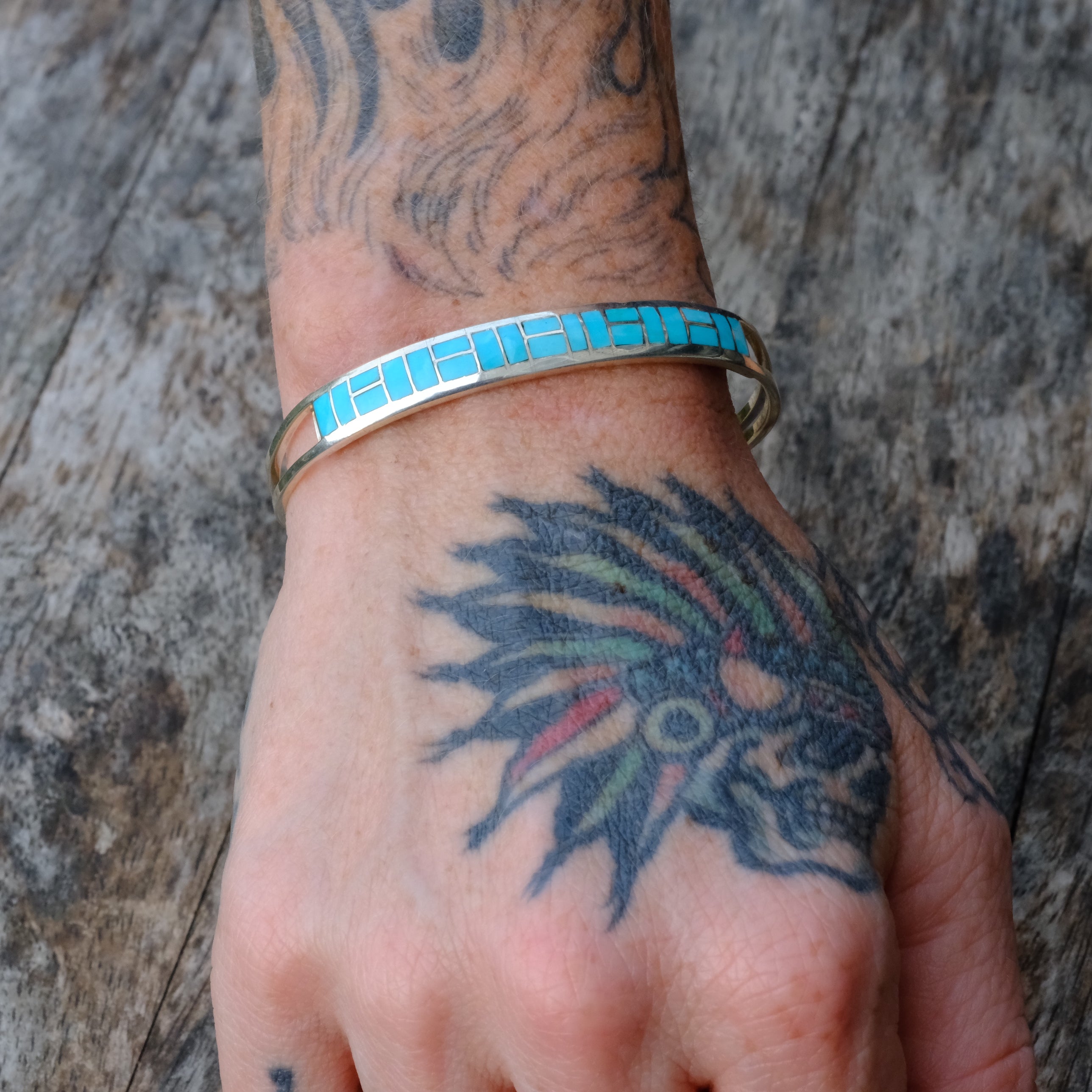 Vintage Sterling Silver Turquoise Inlay Cuff Bracelet
