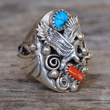 Vintage Sterling Turquoise and Coral Eagle Ring 9.5