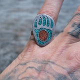 Vintage Sterling Turquoise and Coral Bear Paw Ring 6.75