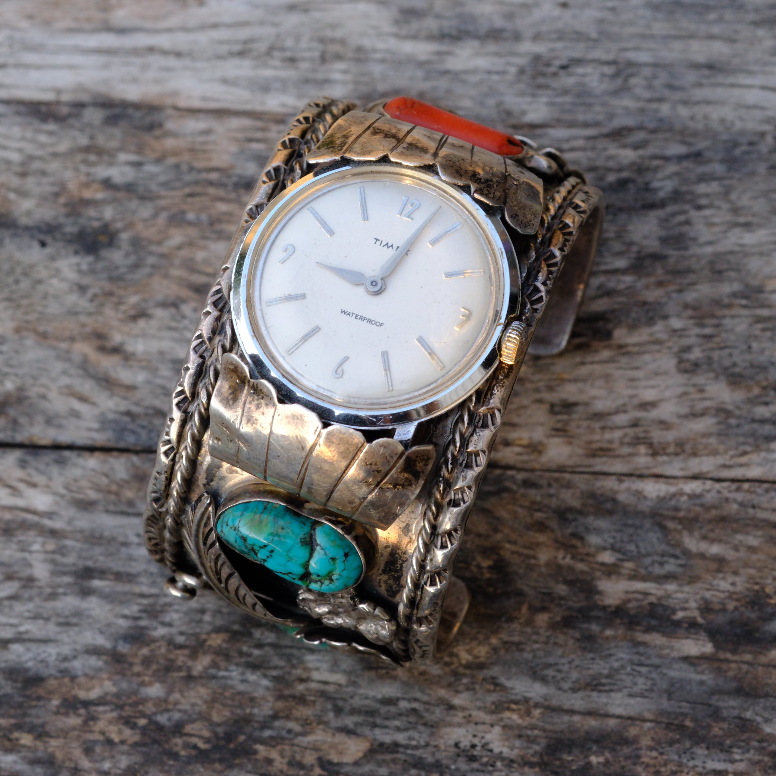 Heavy Vintage Sterling Turquoise and Coral  Cuff Watch Cuff Bracelet