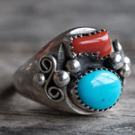 Vintage Sterling Turquoise and Coral Ring 11