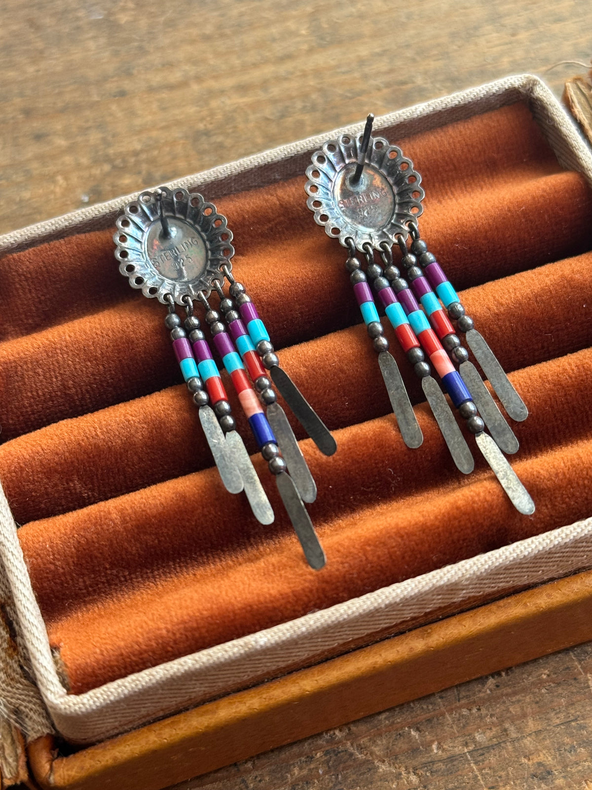 Vintage Sterling Silver Multistone Beaded Fringe Concho Earrings
