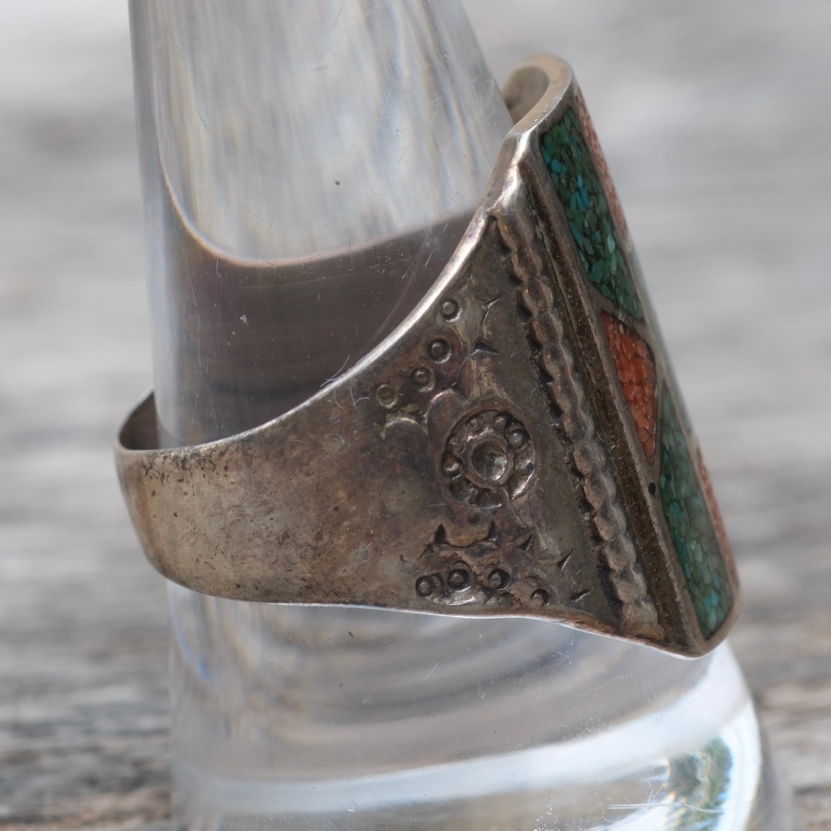 Vintage Sterling Turquoise and Coral Inlay Ring 10.75