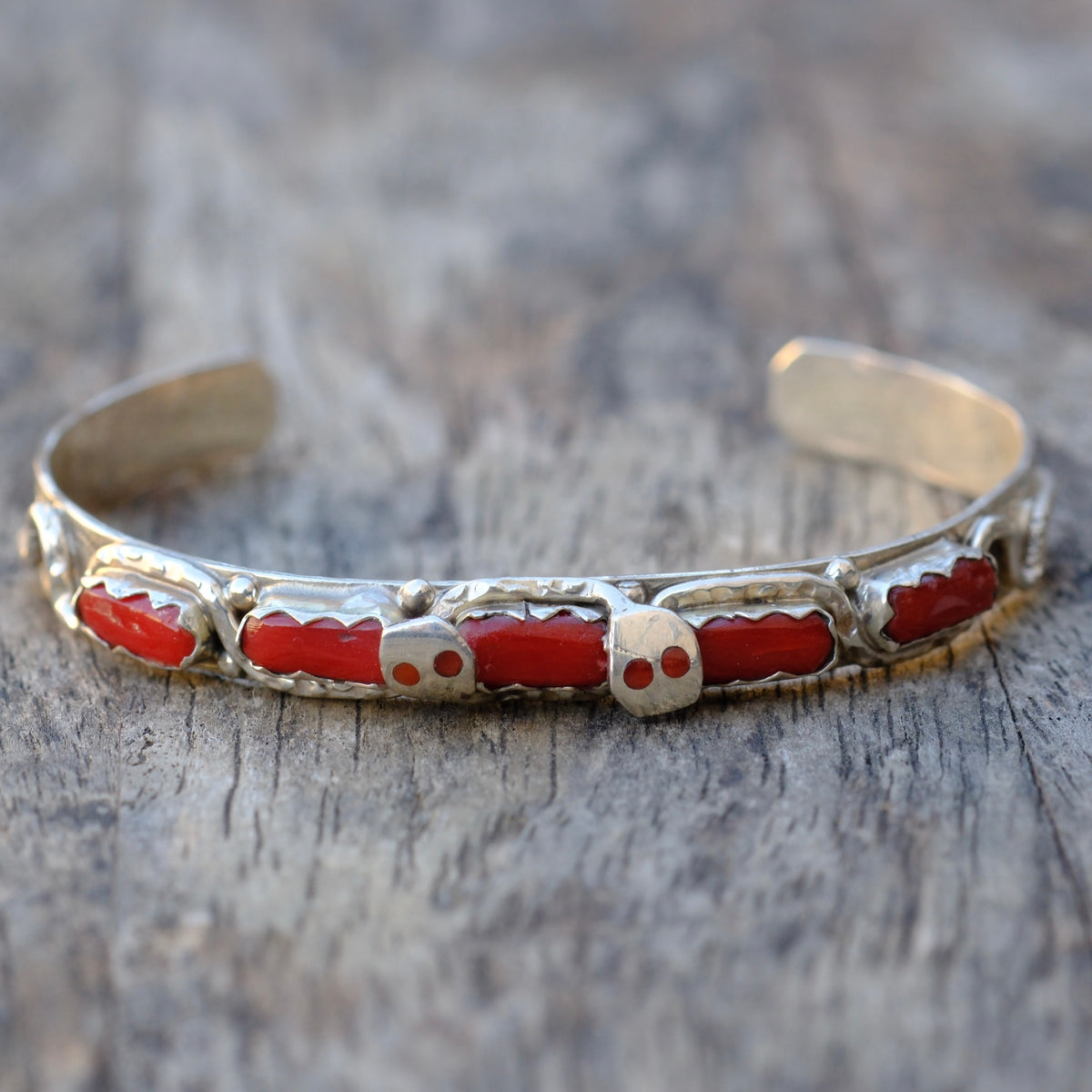 Vintage Sterling Coral Snake Cuff Bracelet