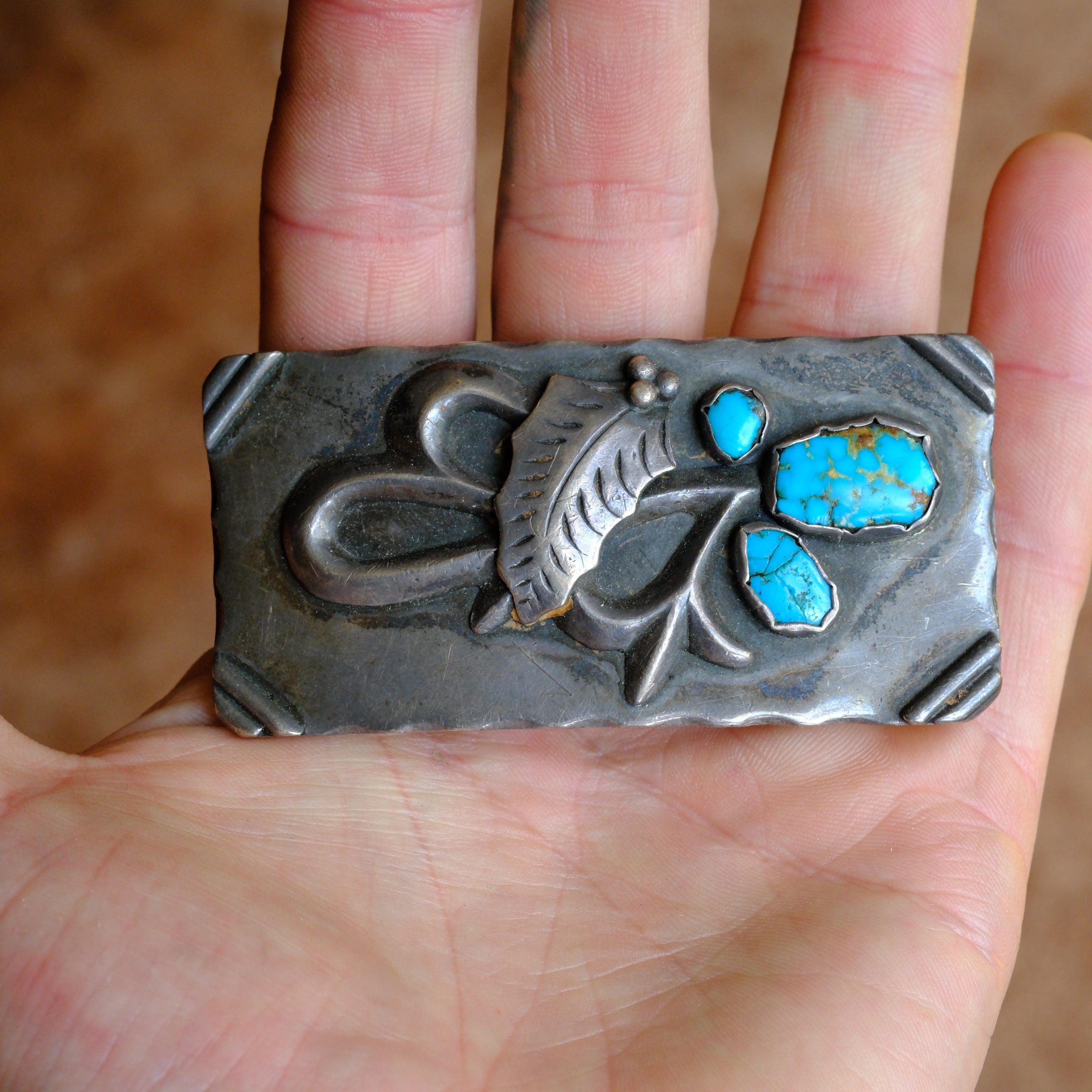 Vintage Sterling 3-Stone Turquoise Ladies Belt Buckle