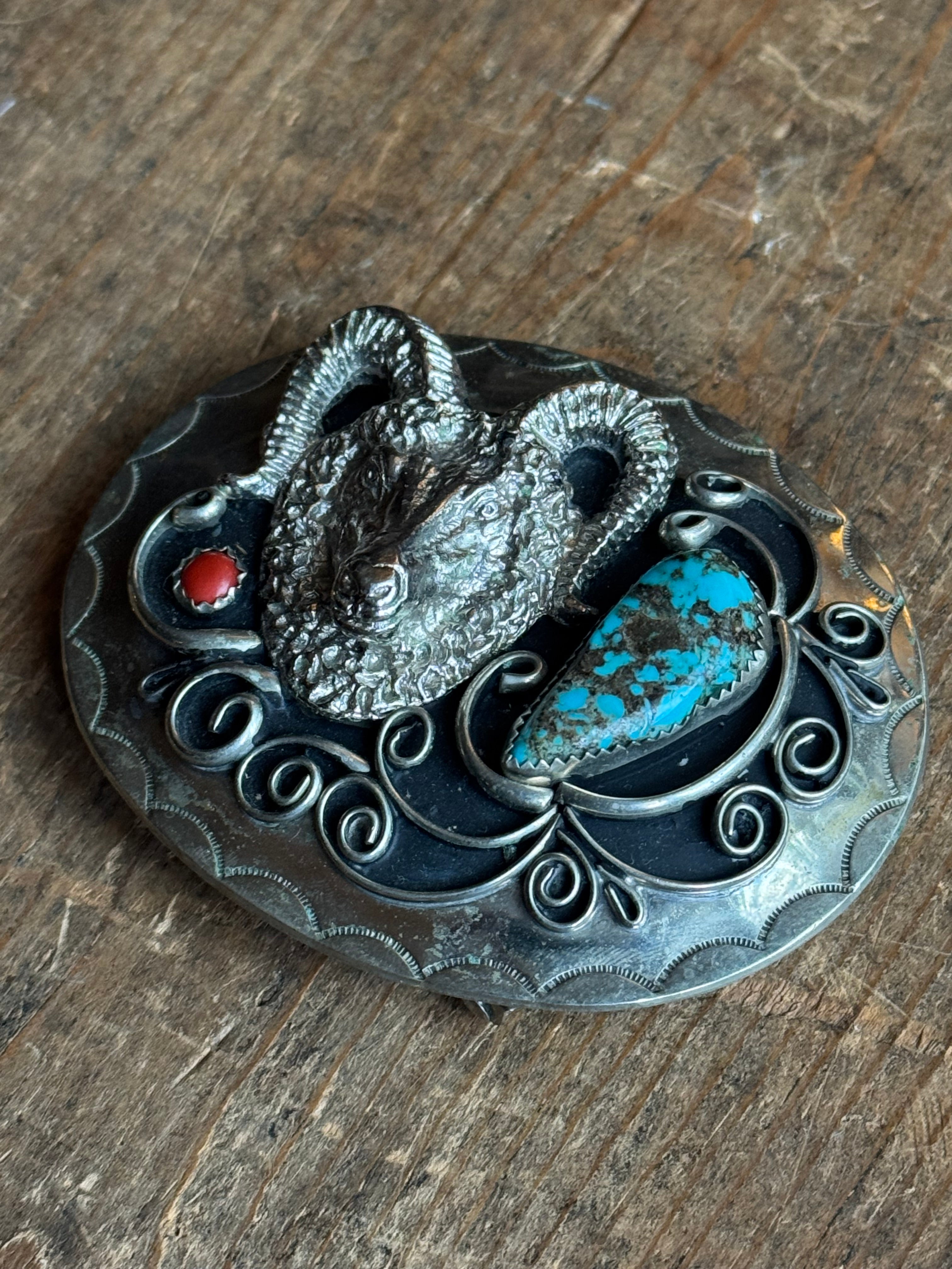 Vintage Turquoise & Coral Stamped Ram Nickel Belt Buckle