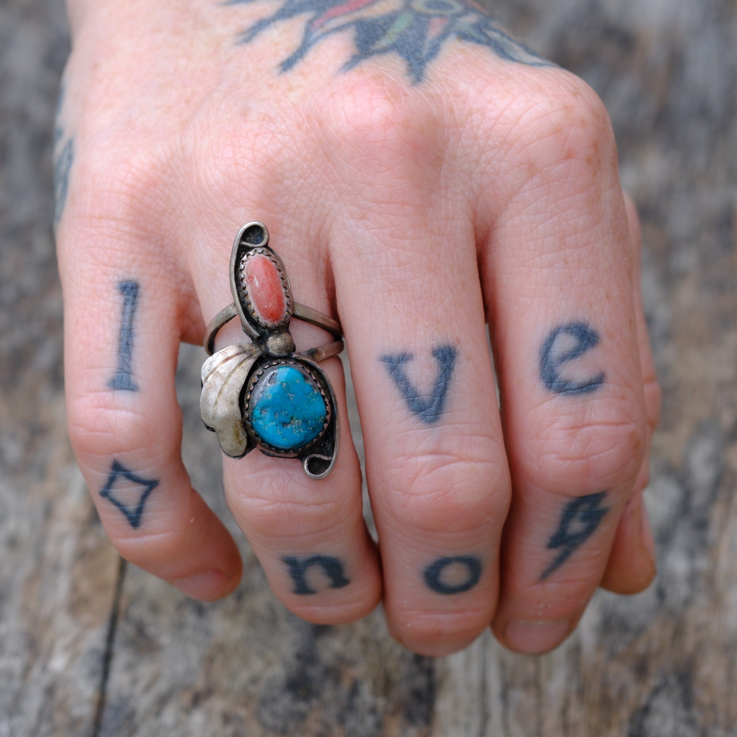 Vintage Sterling Turquoise and Coral Feather Ring 6
