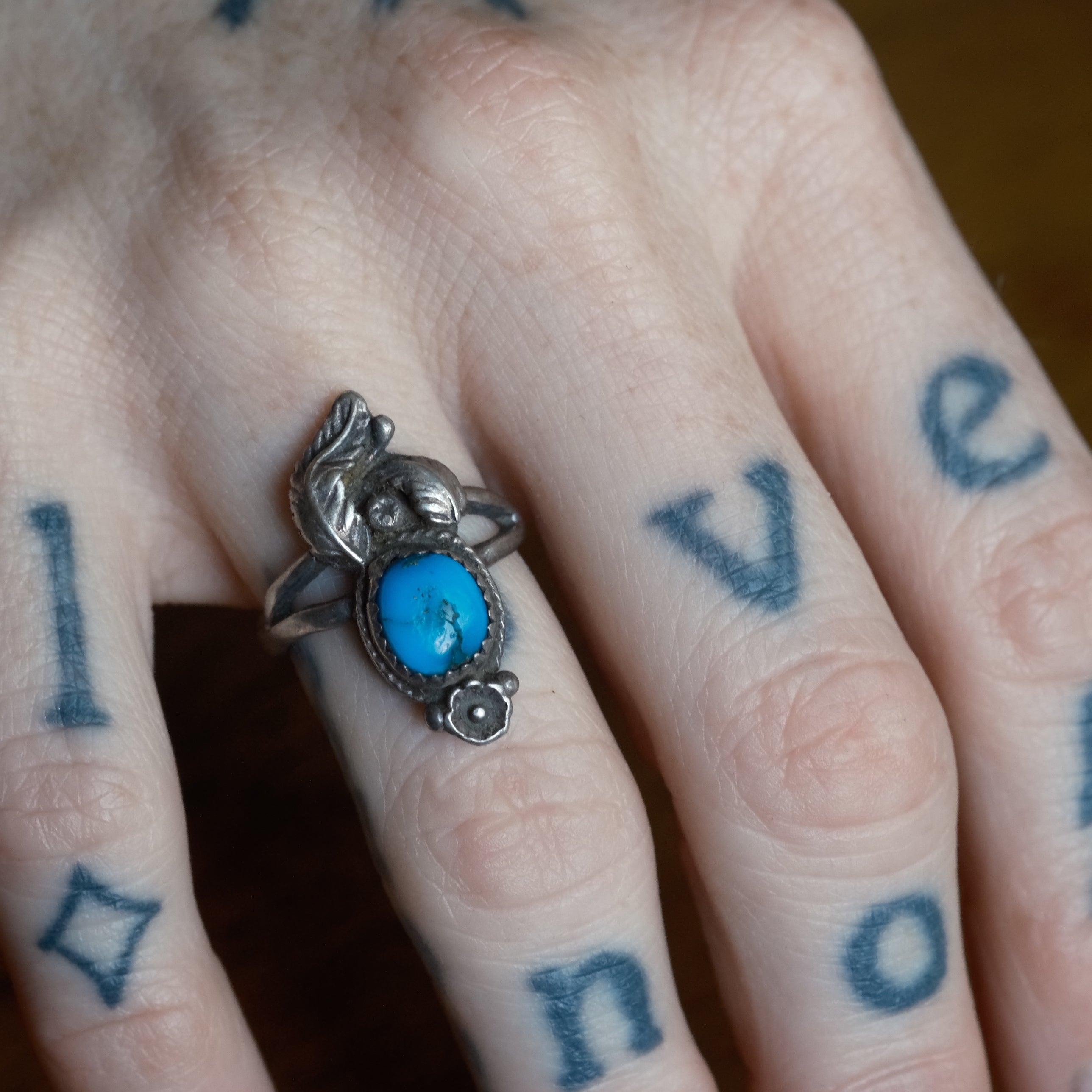Vintage Sterling Turquoise Feather Ring 6.25