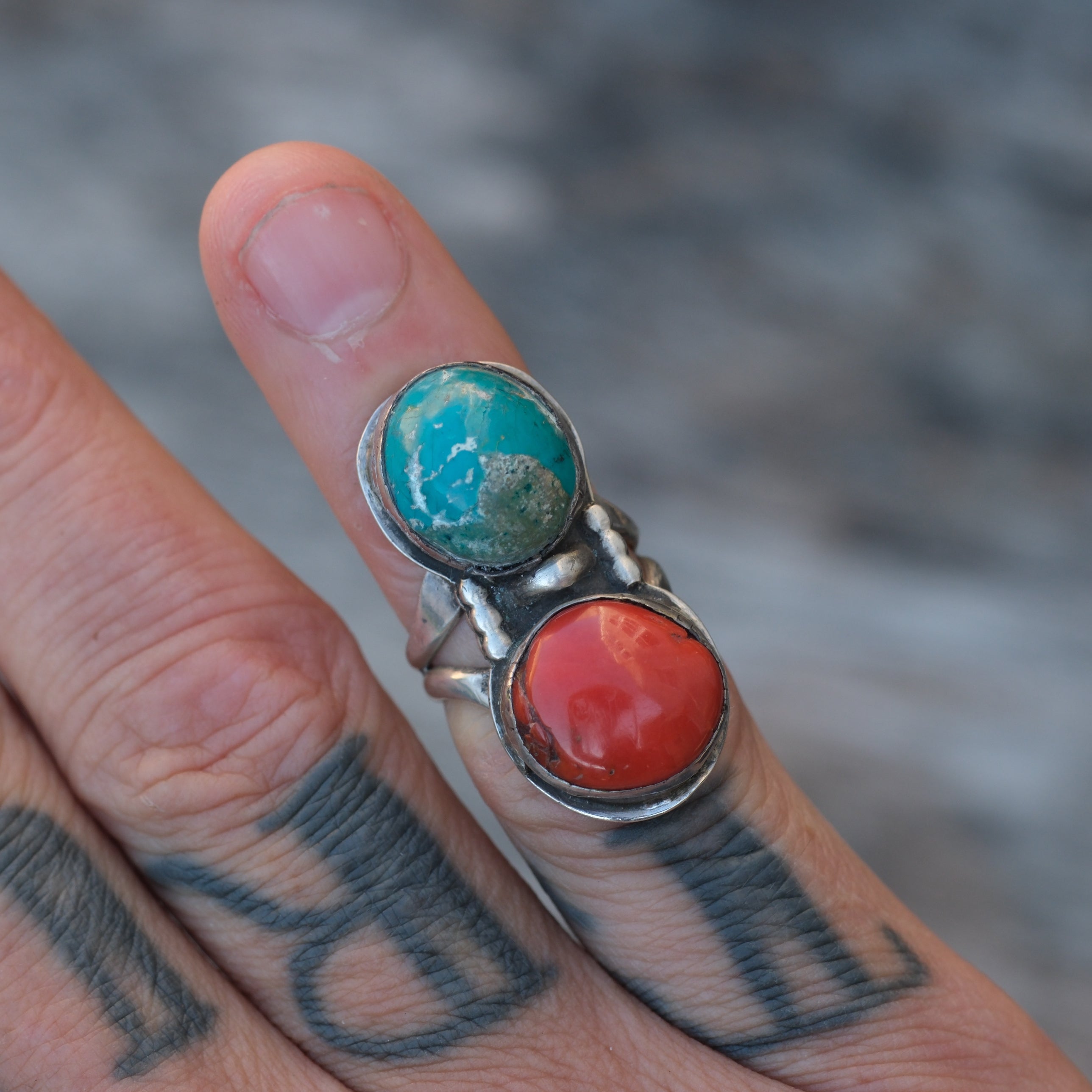 Vintage Sterling Turquoise and Coral Ring 3.5