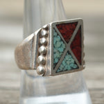 Vintage Sterling Crushed Turquoise and Coral Inlay Ring 9.75