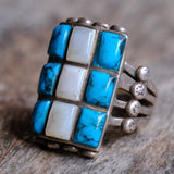 Vintage Sterling Turquoise and Mother of Pearl Inlay Ring 9
