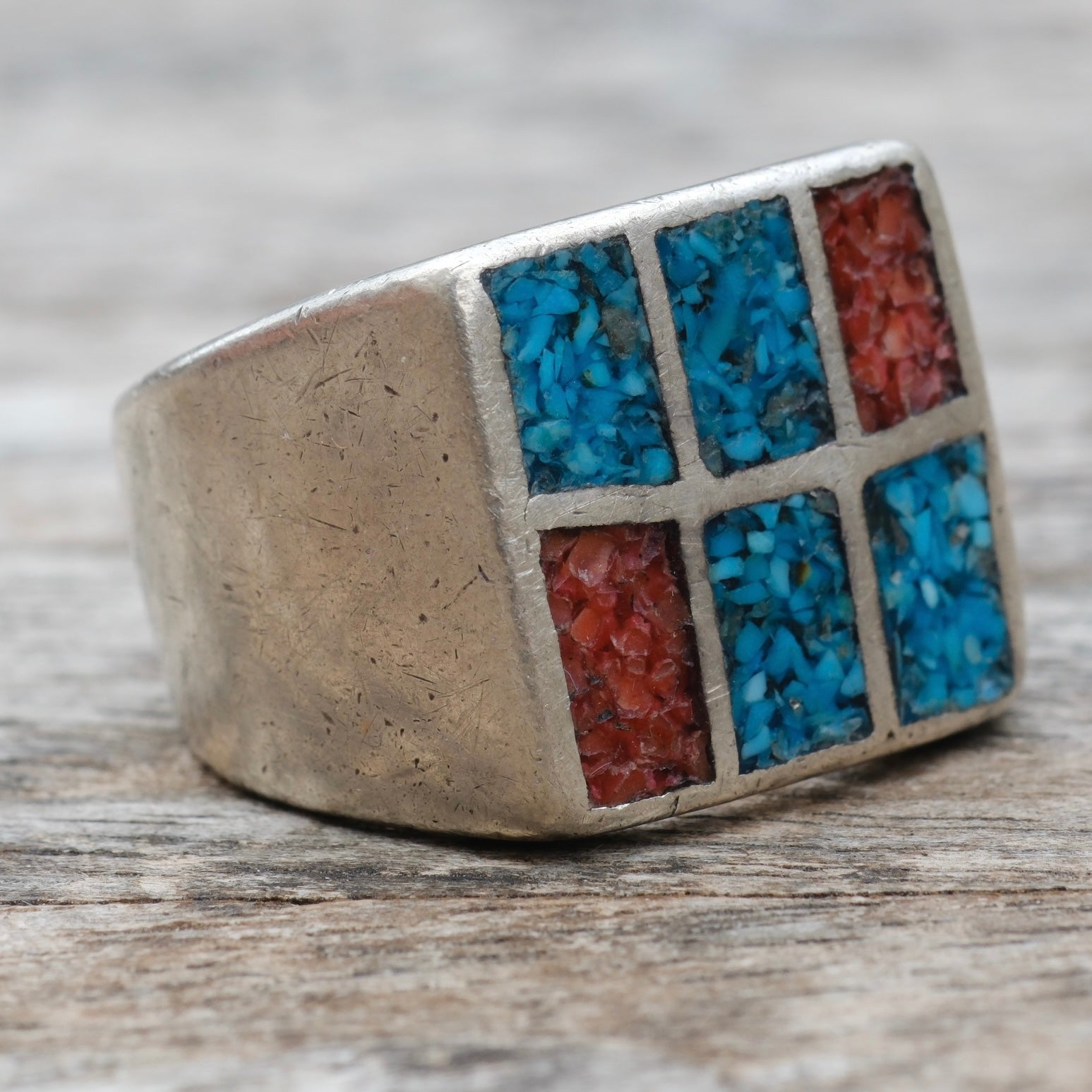 Vintage Sterling Crushed Turquoise and Coral Inlay Ring 9