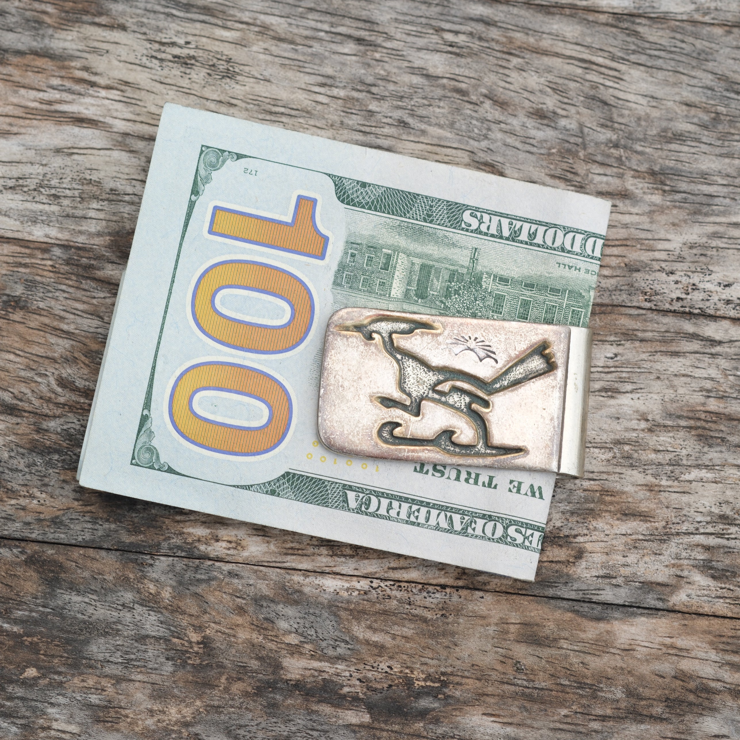 Vintage Sterling Overlay Stamped Road Runner Moneyclip Signed