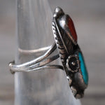 Vintage Sterling Turquoise and Coral Feather Ring 6.5