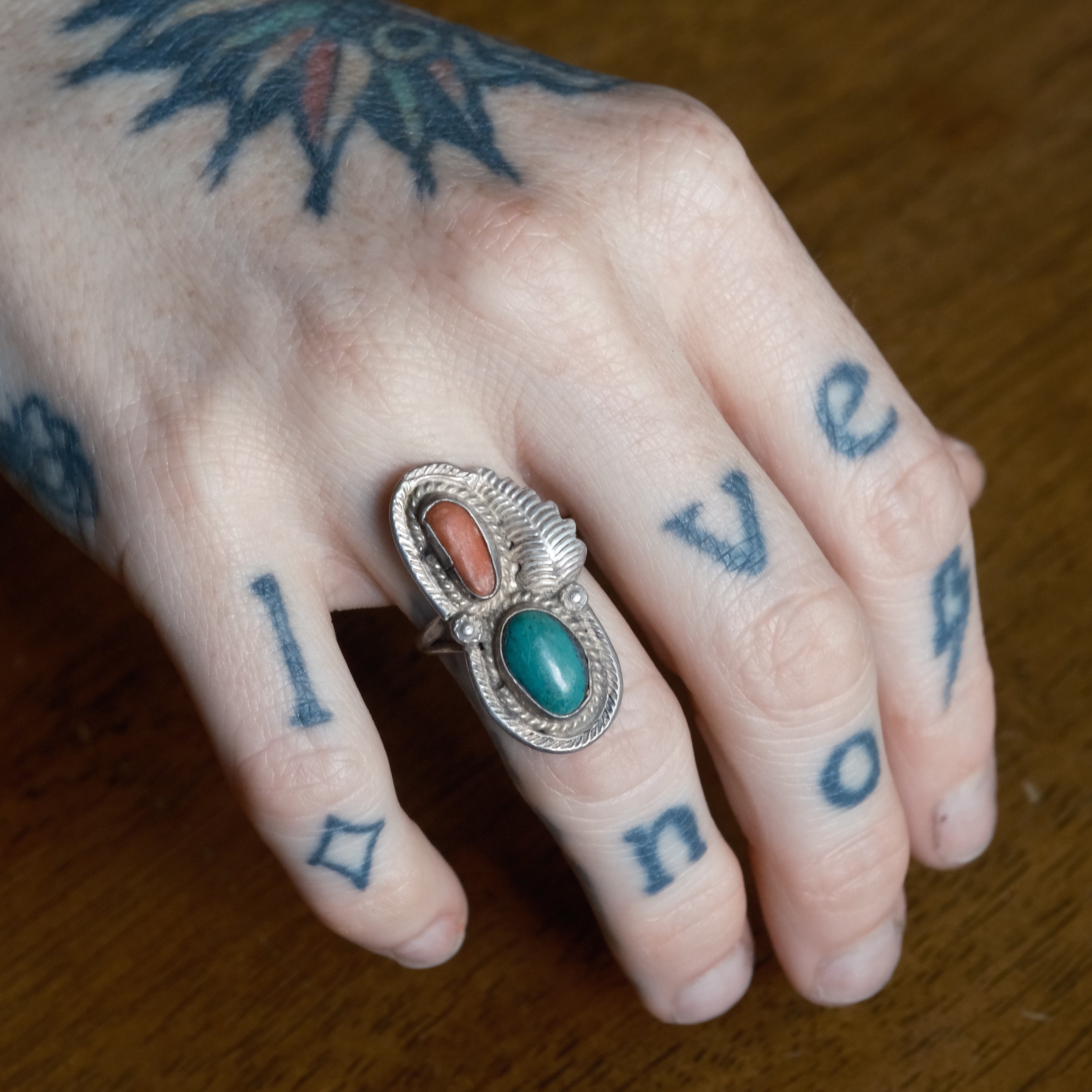 Vintage Sterling Turquoise and Coral Feather Ring 6.5