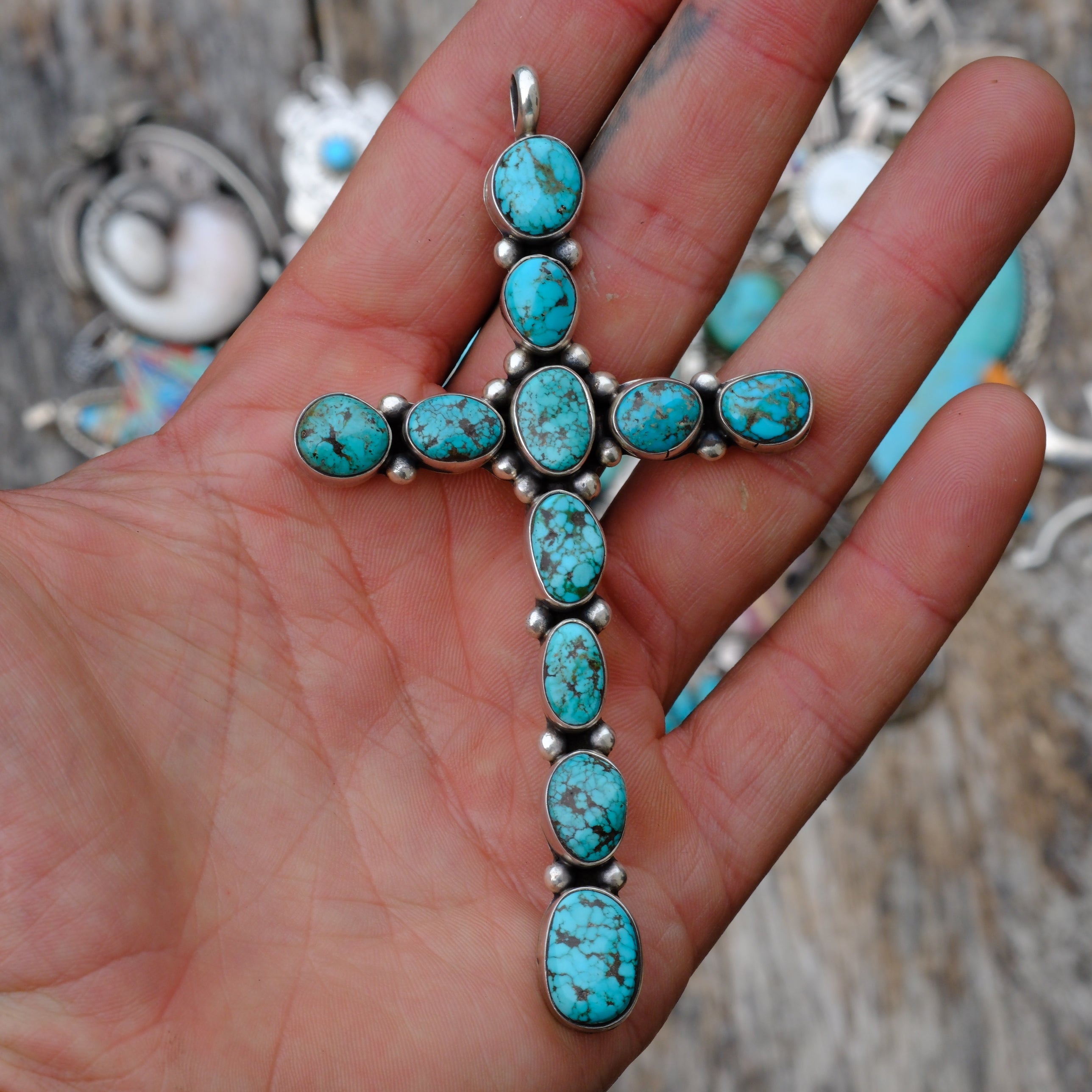 HUGE Vintage Sterling Turquoise Cluster Cross Pendant