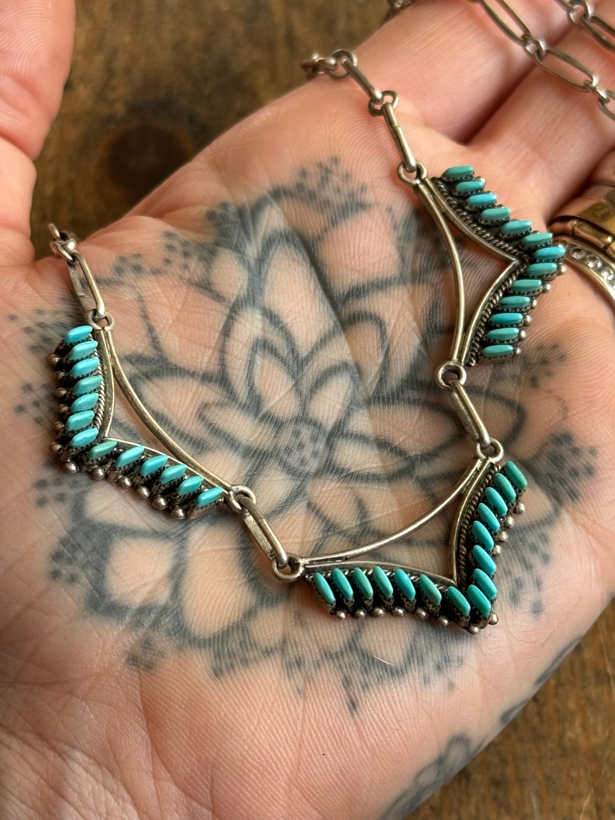 Vintage Sterling Silver Petit Point Turquoise Shield Necklace