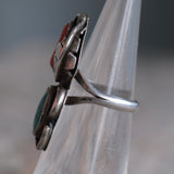 Vintage Sterling Turquoise and Coral Feather Ring 3.75